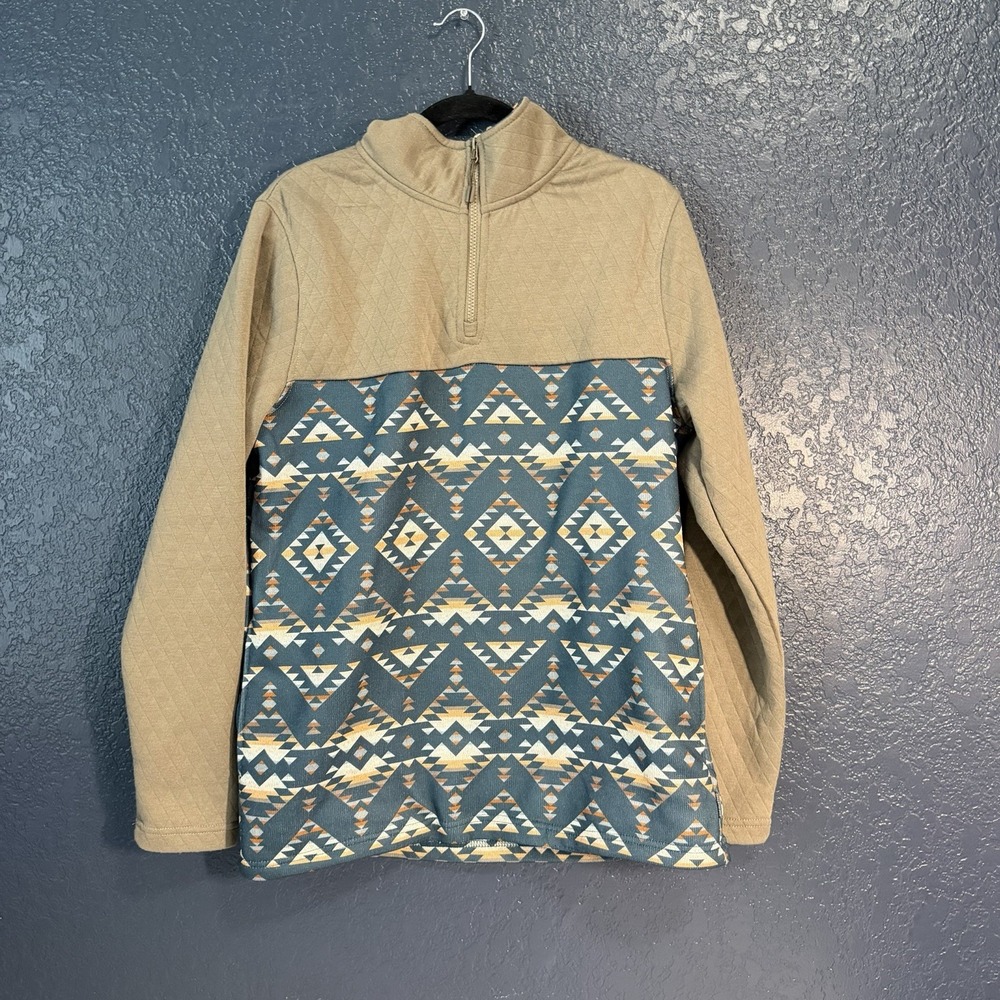 Southwestern Aztec Quarter Zip‎ Pullover Medium Tan Blue Tribal Western NWT